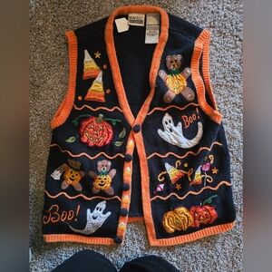 Basic Editions M Halloween Sweater Vest Pumpkins Ghosts Candy Corn